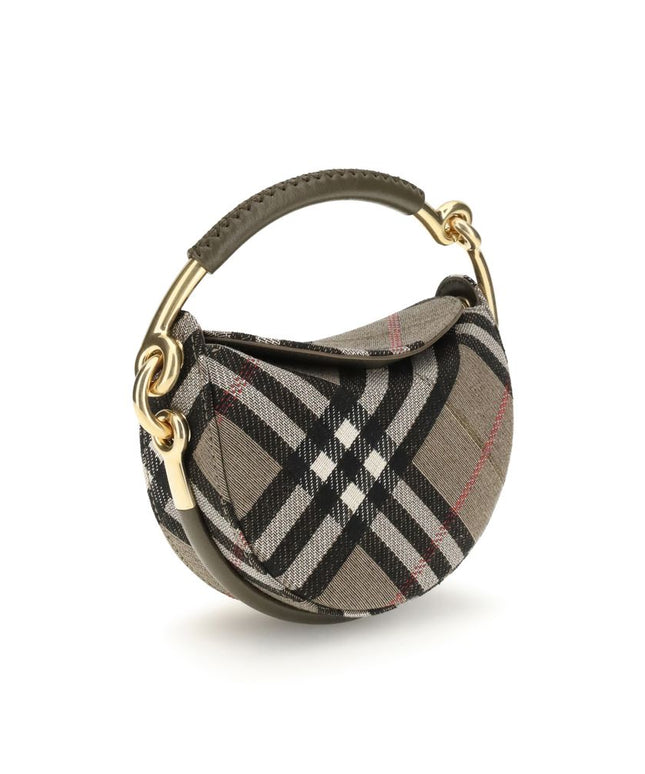 Side view of Burberry Brindle Clutch Bag showcasing structured half-moon shape, olive leather handle, and signature plaid design for luxury fashion.
