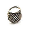 Side view of Burberry Brindle Clutch Bag showcasing structured half-moon shape, olive leather handle, and signature plaid design for luxury fashion.