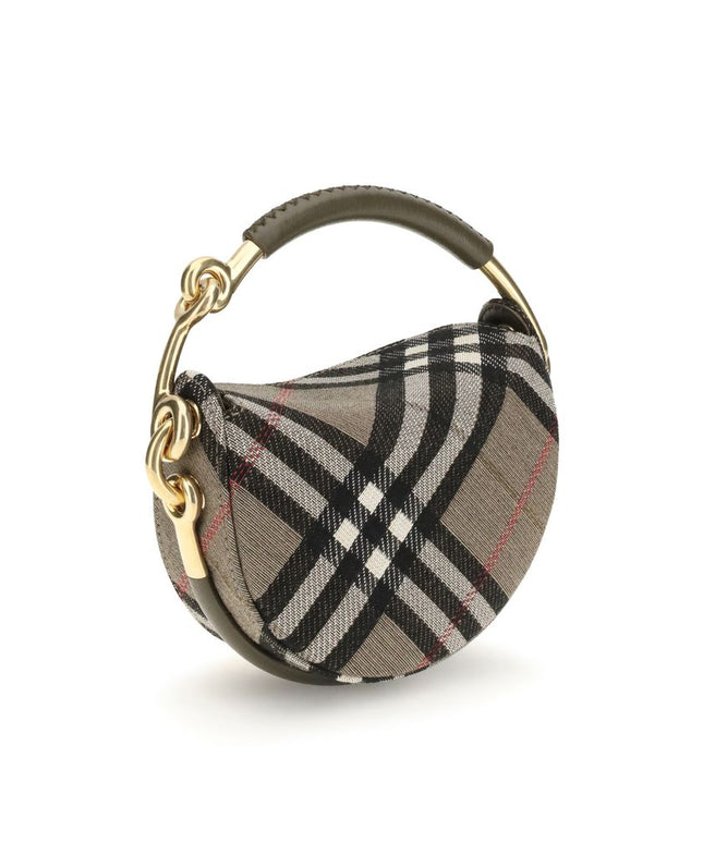 Angled rear view of Burberry Brindle Clutch Bag highlighting premium craftsmanship, iconic check fabric, and elegant gold hardware details.