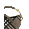 Close-up of Burberry Brindle Clutch Bag handle and stitching, featuring olive leather grip and polished gold accents for a refined designer finish.