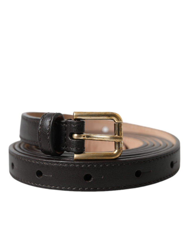 Dolce & Gabbana Black Leather Long Skinny Gold Metal Buckle Belt