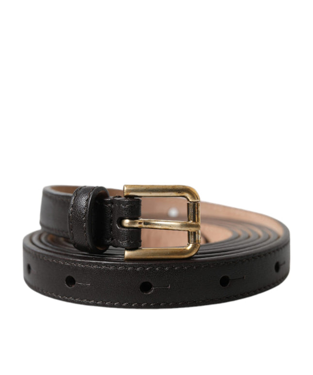 Dolce & Gabbana Black Leather Long Skinny Gold Metal Buckle Belt