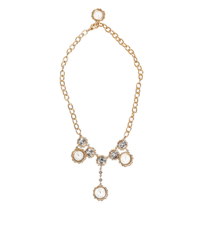 Dolce & Gabbana Gold Crystal Clock Pendant Statement Jewelry Necklace