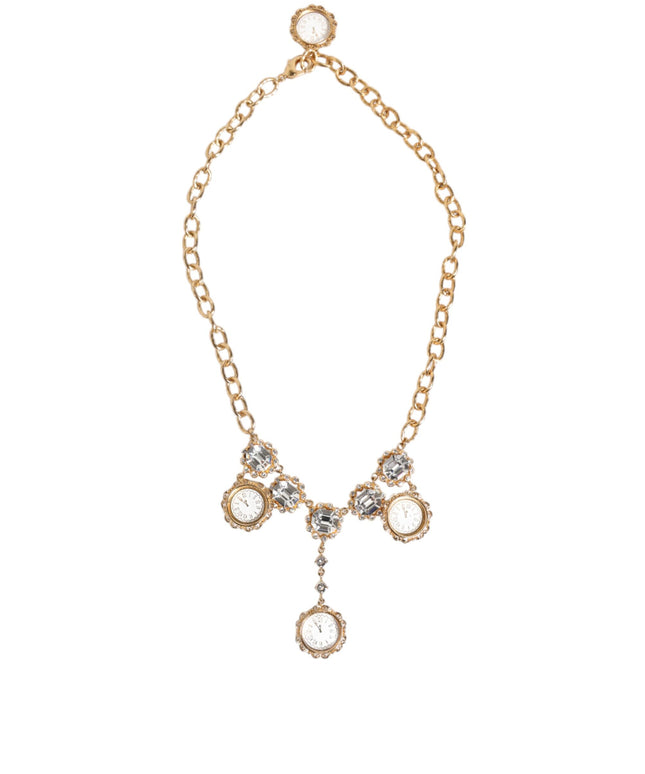 Dolce & Gabbana Gold Crystal Clock Pendant Statement Jewelry Necklace
