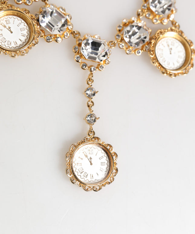 Dolce & Gabbana Gold Crystal Clock Pendant Statement Jewelry Necklace