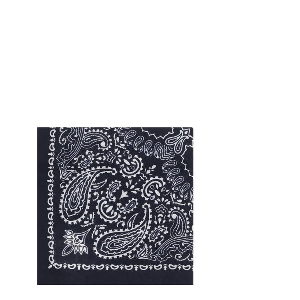 Close-up of Destin Bandana Scarf featuring detailed white paisley design on navy blue fabric. Elegant women's scarf for everyday wear.