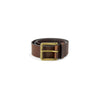 Hugo Boss brown leather belt rolled with antique brass buckle, ideal for men's accessories and casual wear.
