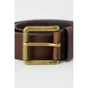 Zoomed-in image of Hugo Boss brown leather belt buckle with BOSS branding, highlighting durable and elegant design.