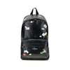 Balenciaga Explorer Backpack with printed stickers in black leather, featuring a front zip pocket and top handle for men’s fashion and travel.