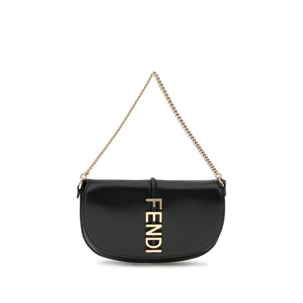 Fendi Chain Shoulder Bag in black leather with gold-tone chain strap and bold vertical FENDI logo, perfect for women's luxury accessories.