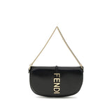 Fendi Chain Shoulder Bag in black leather with gold-tone chain strap and bold vertical FENDI logo, perfect for women's luxury accessories.