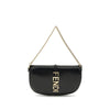 Fendi Chain Shoulder Bag in black leather with gold-tone chain strap and bold vertical FENDI logo, perfect for women's luxury accessories.