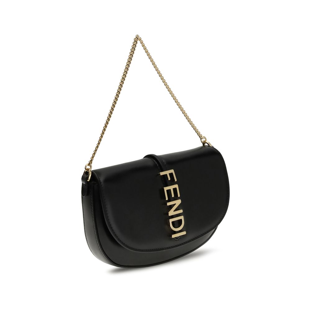 Side view of Fendi Chain Shoulder Bag showcasing sleek black leather finish and elegant gold chain, ideal for upscale women's fashion.