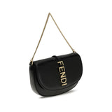 Side view of Fendi Chain Shoulder Bag showcasing sleek black leather finish and elegant gold chain, ideal for upscale women's fashion.