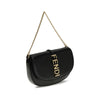 Side view of Fendi Chain Shoulder Bag showcasing sleek black leather finish and elegant gold chain, ideal for upscale women's fashion.