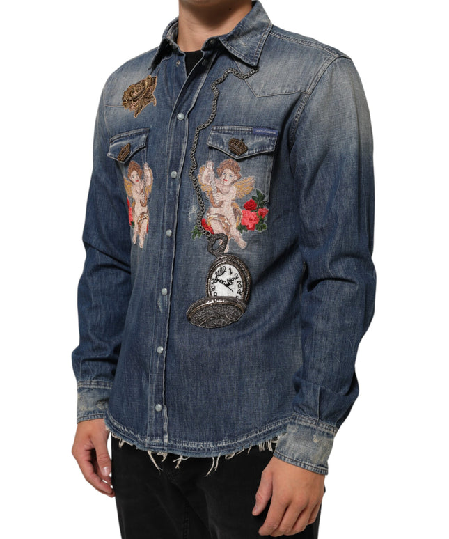 Dolce & Gabbana Blue Angel Patch Denim Buttoned Down Men Shirt