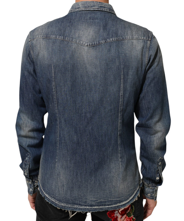 Dolce & Gabbana Blue Angel Patch Denim Buttoned Down Men Shirt