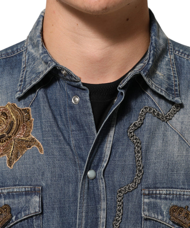 Dolce & Gabbana Blue Angel Patch Denim Buttoned Down Men Shirt