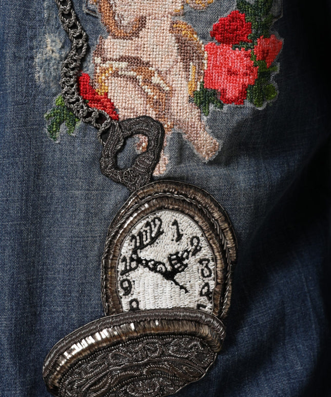 Dolce & Gabbana Blue Angel Patch Denim Buttoned Down Men Shirt