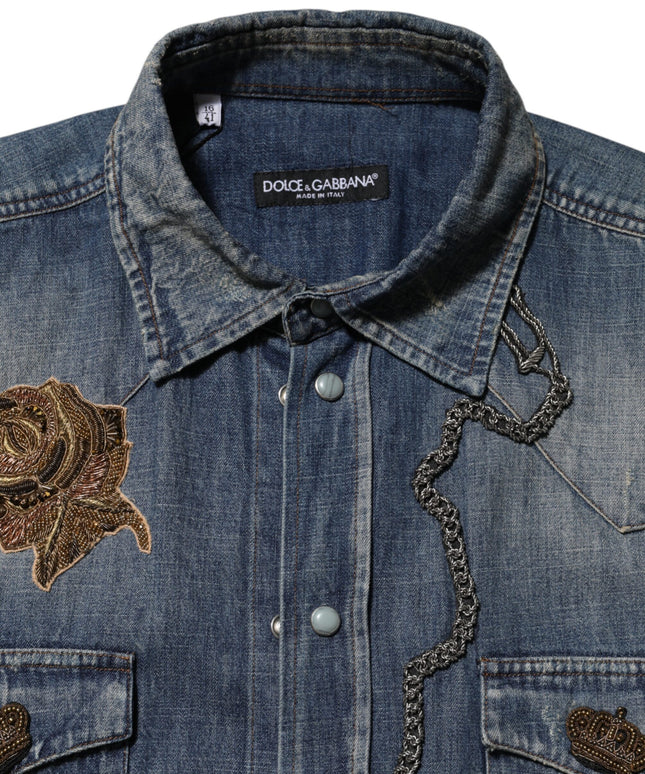 Dolce & Gabbana Blue Angel Patch Denim Buttoned Down Men Shirt