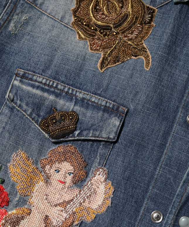 Dolce & Gabbana Blue Angel Patch Denim Buttoned Down Men Shirt