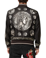 Dolce & Gabbana Black "Monete" Coin Print Silk Bomber Jacket
