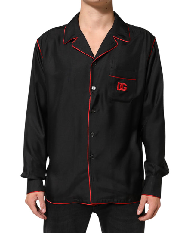 Dolce & Gabbana Black Red Contrast Trim Silk Casual Shirt
