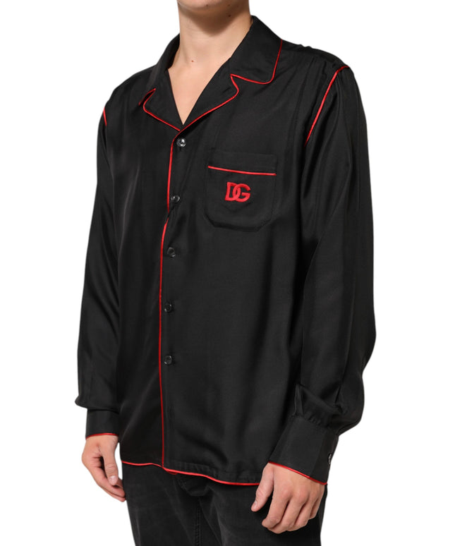 Dolce & Gabbana Black Red Contrast Trim Silk Casual Shirt