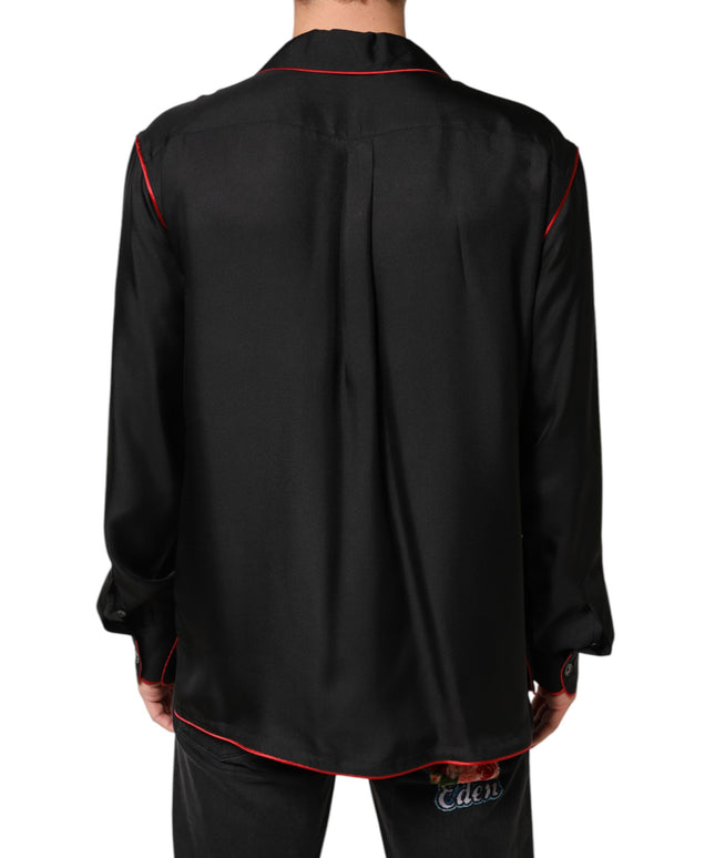 Dolce & Gabbana Black Red Contrast Trim Silk Casual Shirt