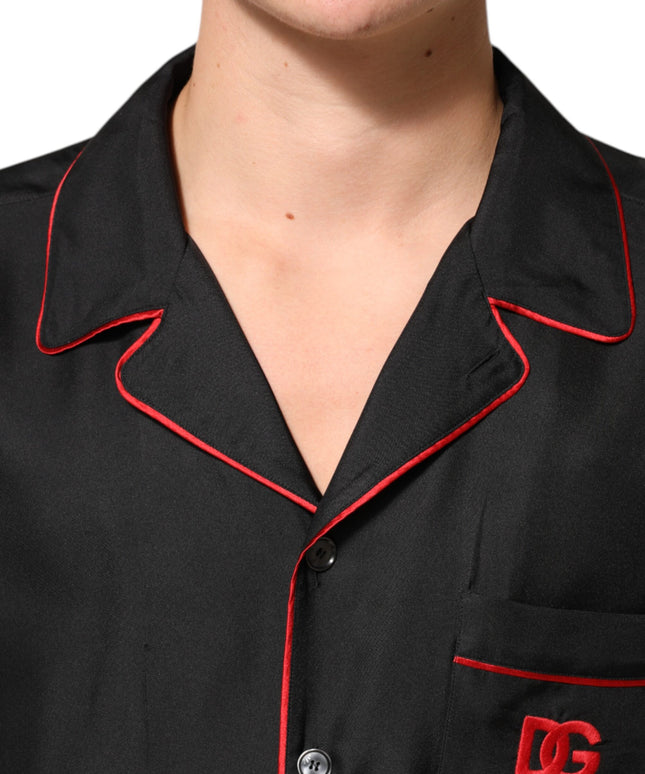 Dolce & Gabbana Black Red Contrast Trim Silk Casual Shirt