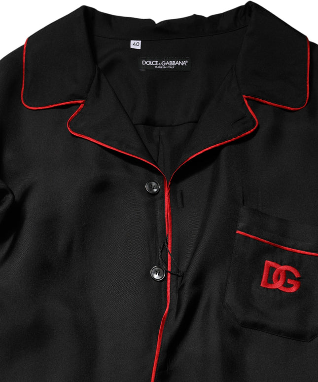 Dolce & Gabbana Black Red Contrast Trim Silk Casual Shirt