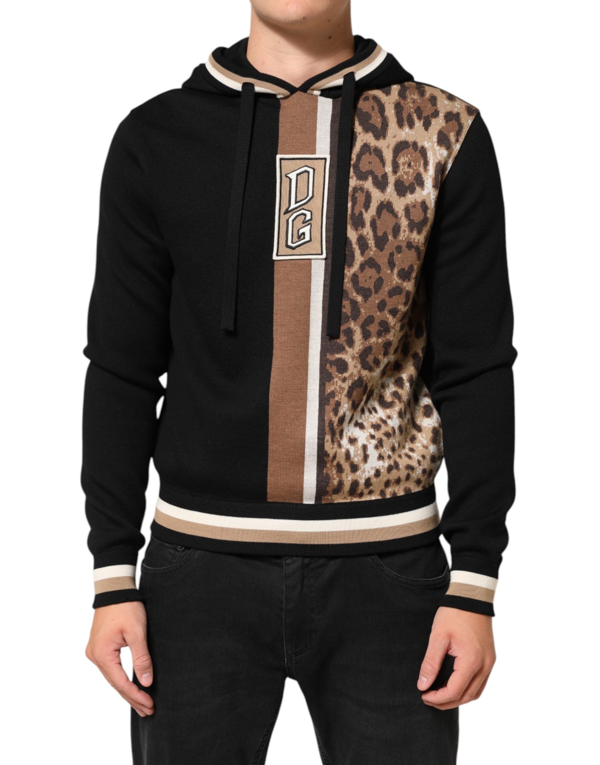 Dolce & Gabbana Black Leopard Logo Hooded Sweatshirt Sweater