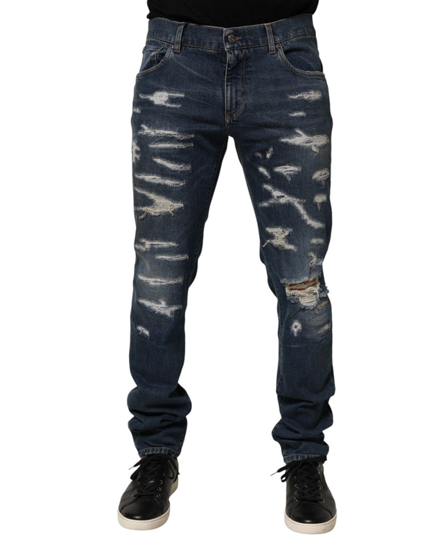 Dolce & Gabbana Blue Tattered Cotton Skinny Men Denim Jeans