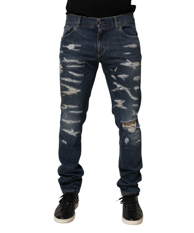 Dolce & Gabbana Blue Tattered Cotton Skinny Men Denim Jeans