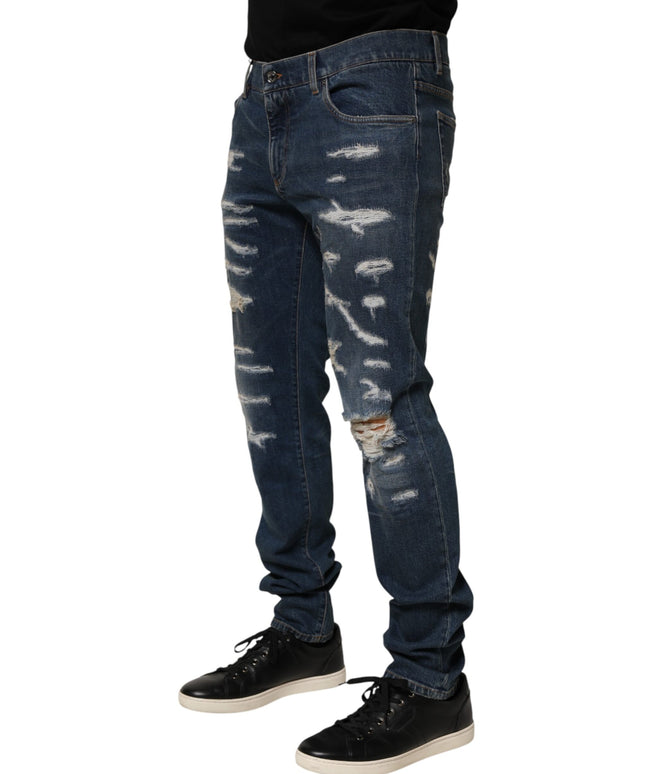 Dolce & Gabbana Blue Tattered Cotton Skinny Men Denim Jeans