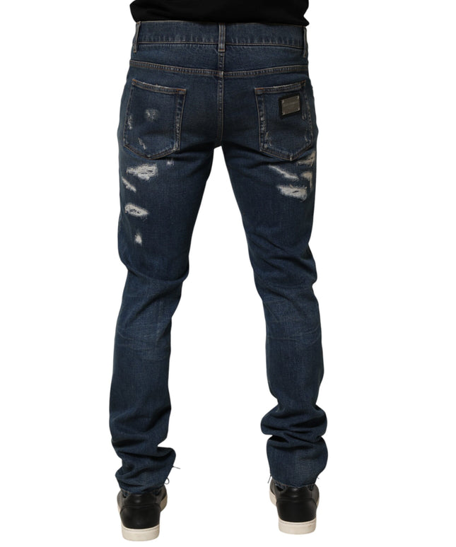 Dolce & Gabbana Blue Tattered Cotton Skinny Men Denim Jeans