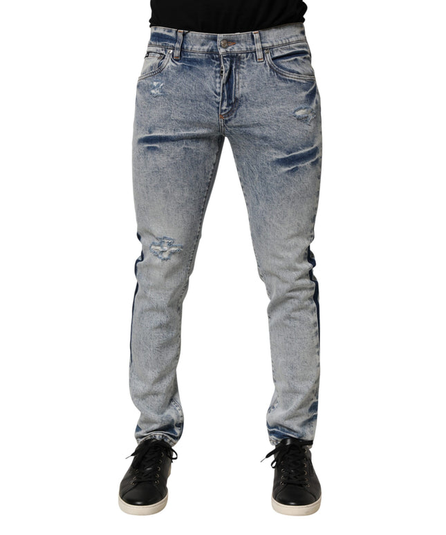 Dolce & Gabbana Blue Tattered Cotton Slim Fit Men Denim Jeans