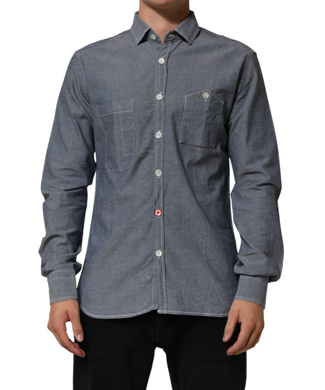 AGLINI Blue Denim Regular Fit Collared Long Sleeve Casual Shirt