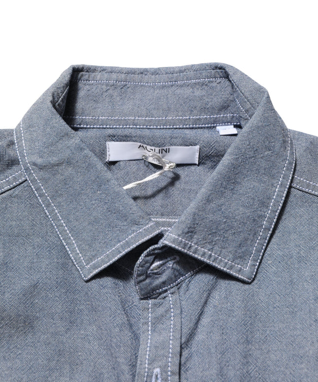 AGLINI Blue Denim Regular Fit Collared Long Sleeve Casual Shirt
