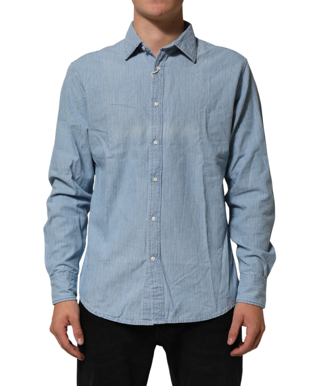Deperlu Blue Denim Regular Fit Collared Long Sleeve Men Shirt