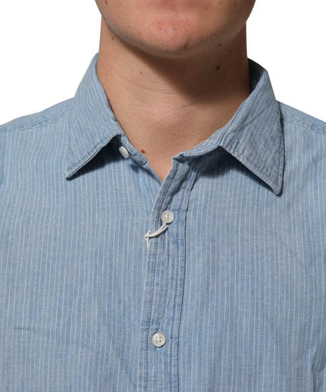 Deperlu Blue Denim Regular Fit Collared Long Sleeve Men Shirt