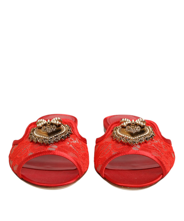 Dolce & Gabbana Red Devotion Lace Flats Slip On Sandals Shoes