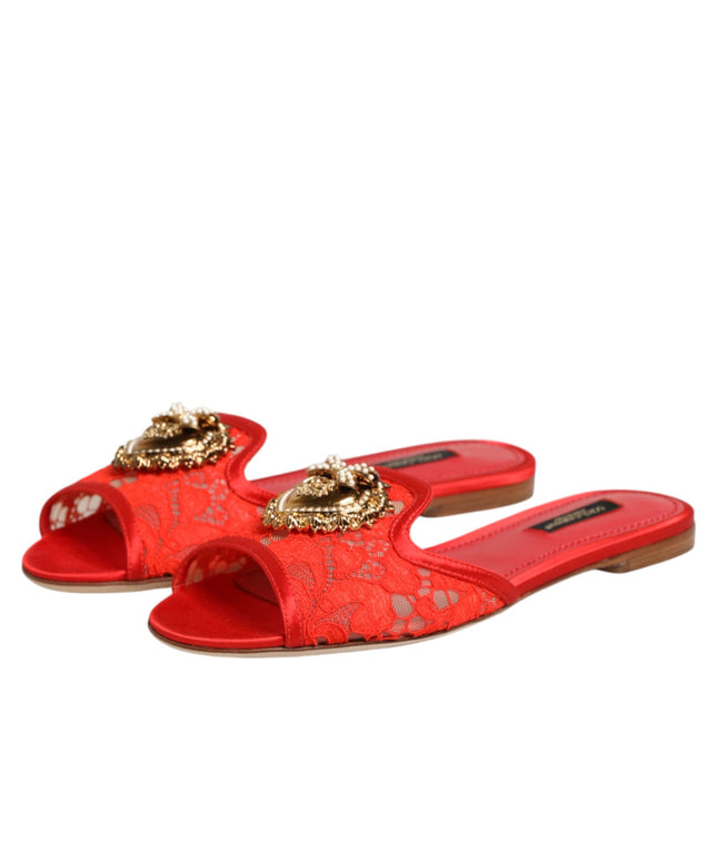 Dolce & Gabbana Red Devotion Lace Flats Slip On Sandals Shoes