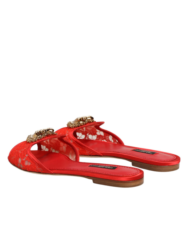 Dolce & Gabbana Red Devotion Lace Flats Slip On Sandals Shoes
