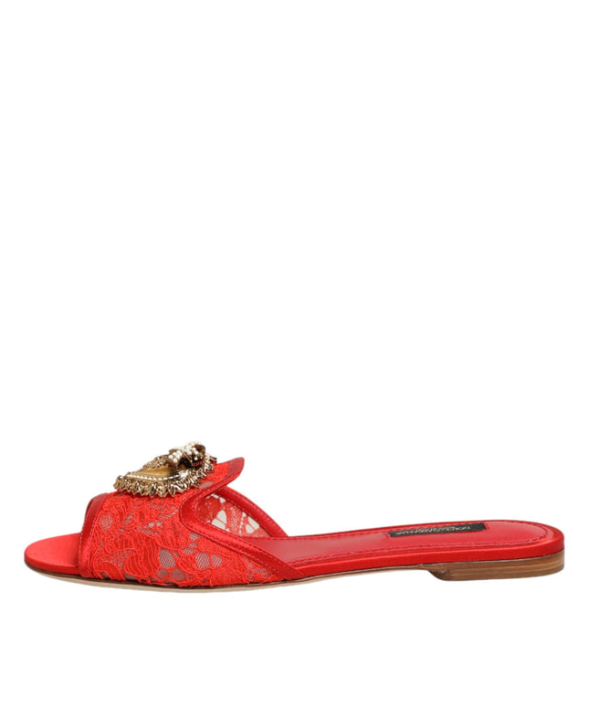 Dolce & Gabbana Red Devotion Lace Flats Slip On Sandals Shoes