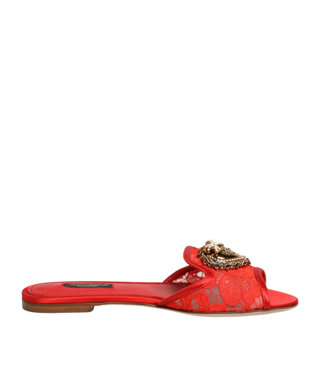 Dolce & Gabbana Red Devotion Lace Flats Slip On Sandals Shoes