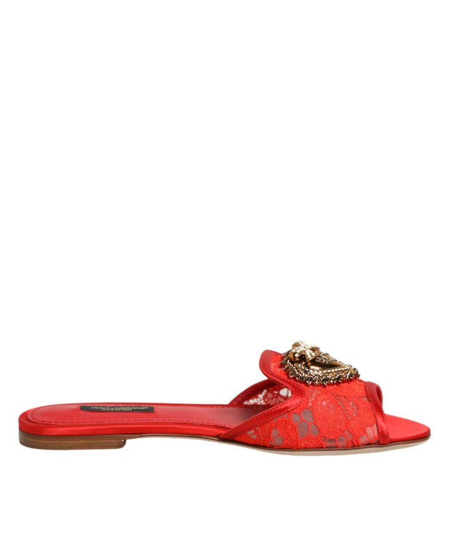 Dolce & Gabbana Red Devotion Lace Flats Slip On Sandals Shoes