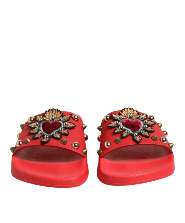 Dolce & Gabbana Red Sacred Heart Stud Slides Beachwear Shoes