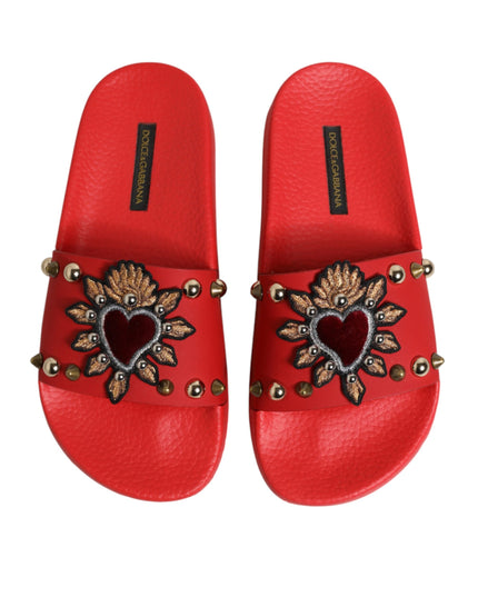 Dolce & Gabbana Red Sacred Heart Stud Slides Beachwear Shoes