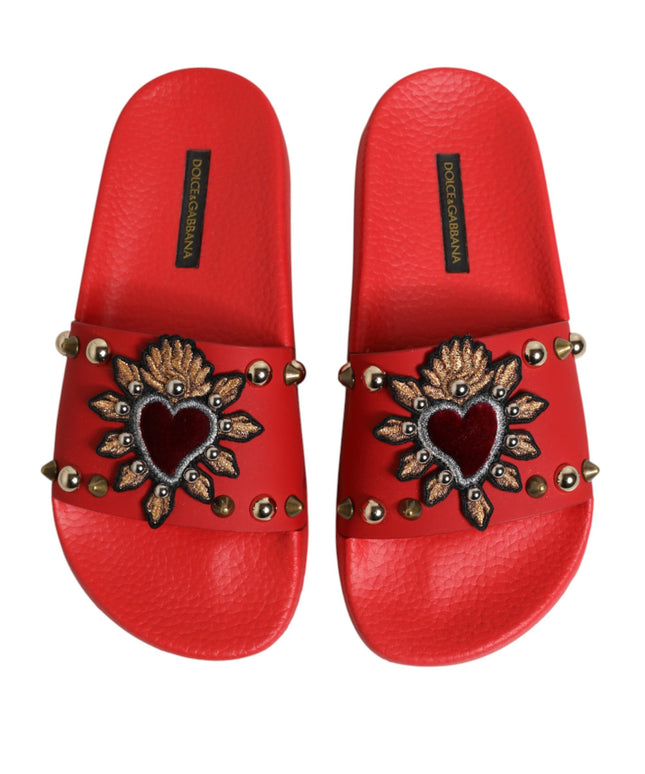 Dolce & Gabbana Red Sacred Heart Stud Slides Beachwear Shoes